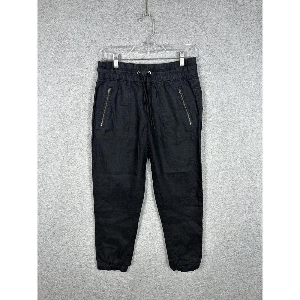 ATHLETA Linen Cabo Tapered Leg Pull On Pants in Black‎ Zip Pockets Size 4/P